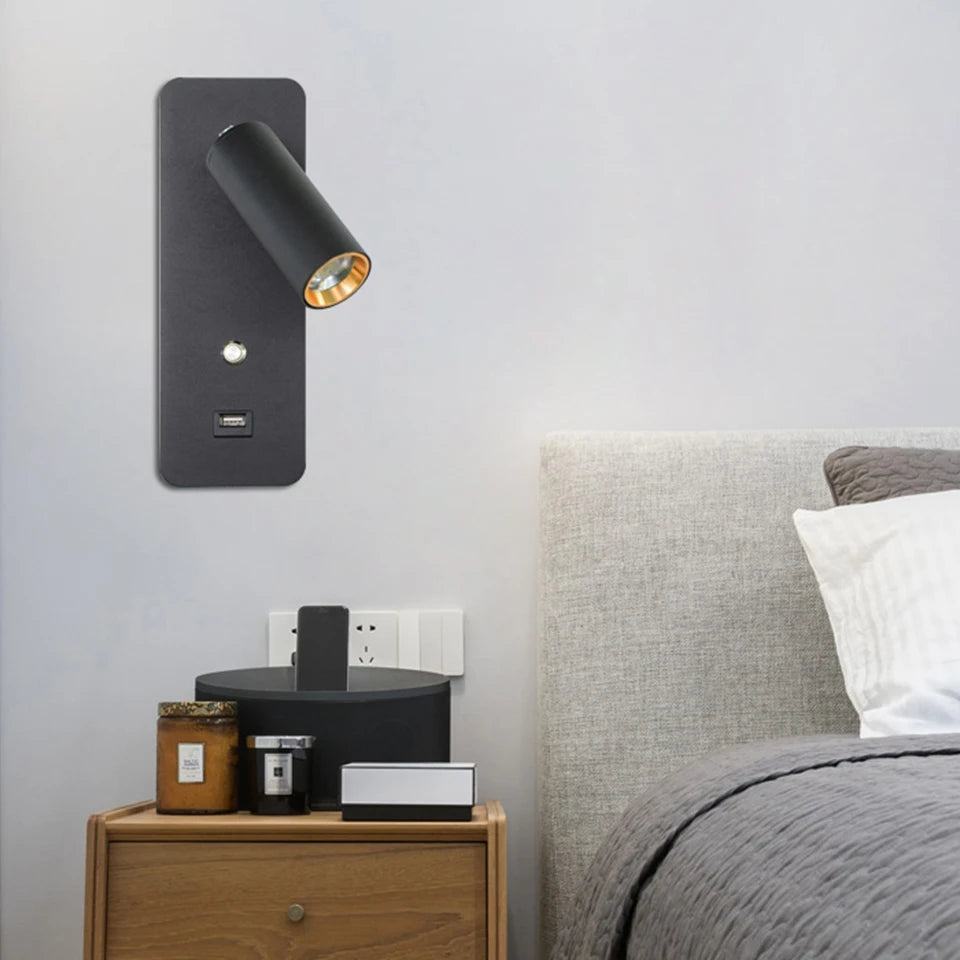 Black Reading Wall Light with Switch and USB Charger Placed Near Bed