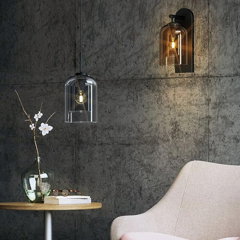 Luxurious design of Smoke Grey Scandinavian Glass Wall Lamp for bedroom, dining room, kitchen wall and living room placed on stylish gray wall