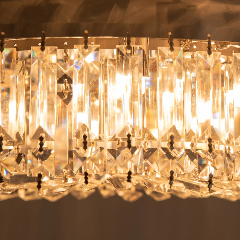 Close-up Light-on Crystal Gold Glass Flush Chandelier Low Ceiling Light for Dining Room, Hallway, and Living Room