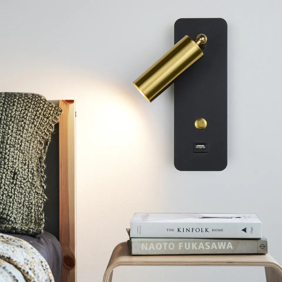 Light-on Golden Black Reading Wall Light with Switch and USB Charger placed aside to the Bedroom