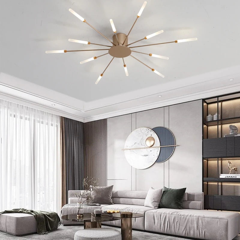 Gold Webster Flush Mount Chandelier with starburst design, ideal for living rooms, dining rooms, and bedrooms