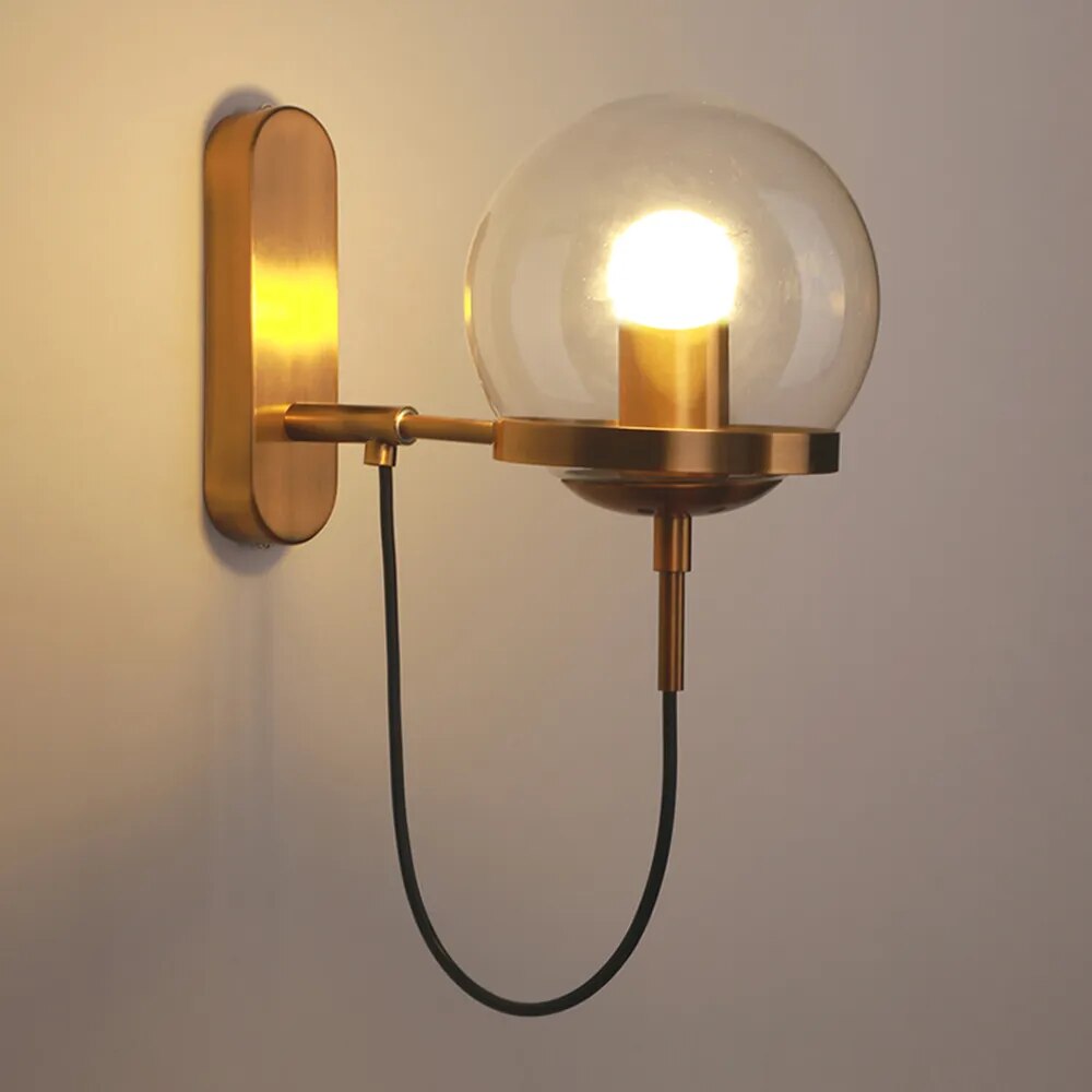 Light-on Close-up of Sizzle Golden Holder Glass Hanging Wall Light for Bedroom, Dining Room, Kitchen, and Living Room