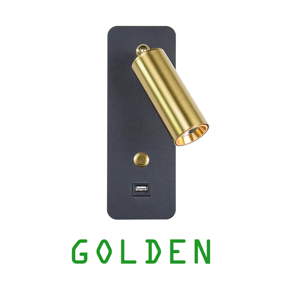 Close-up of Golden Black Reading Wall Light with Switch and USB Charger for Bedroom