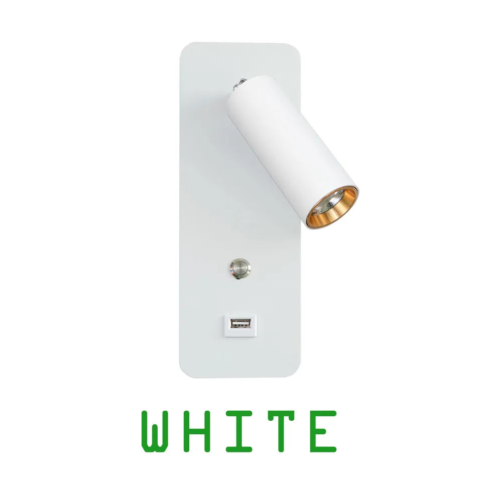 Close-up of White Reading Wall Light with Switch and USB Charger for Bedroom