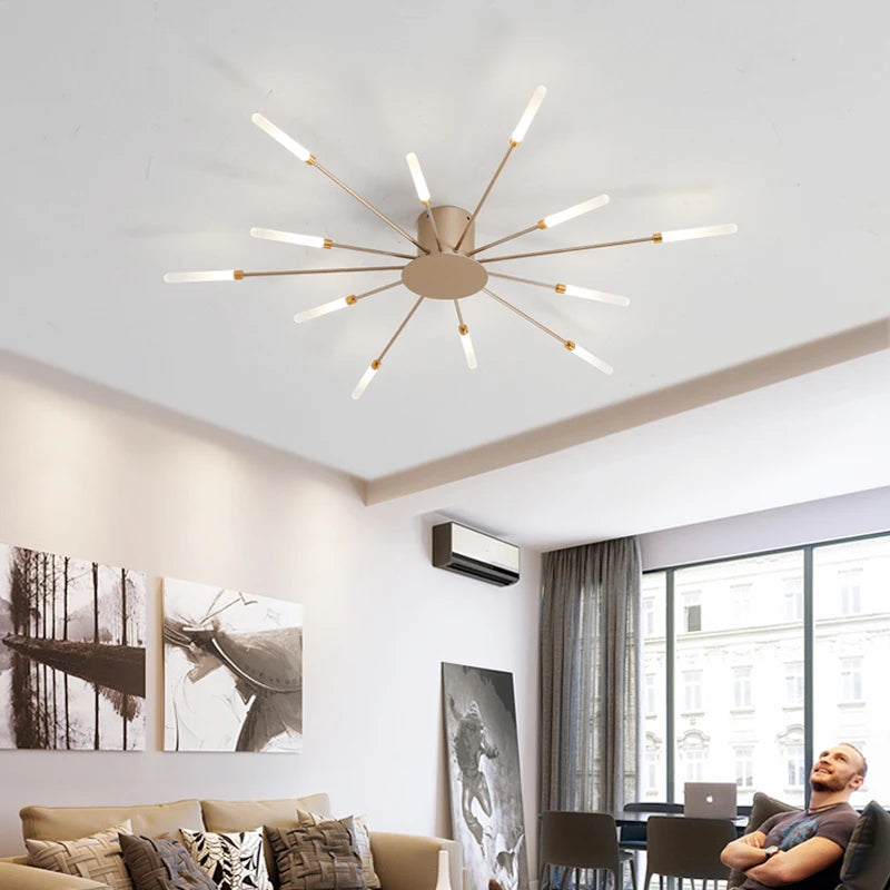 Gold Webster Flush Mount Chandelier with starburst design, perfect for dining rooms, hallways, and living rooms