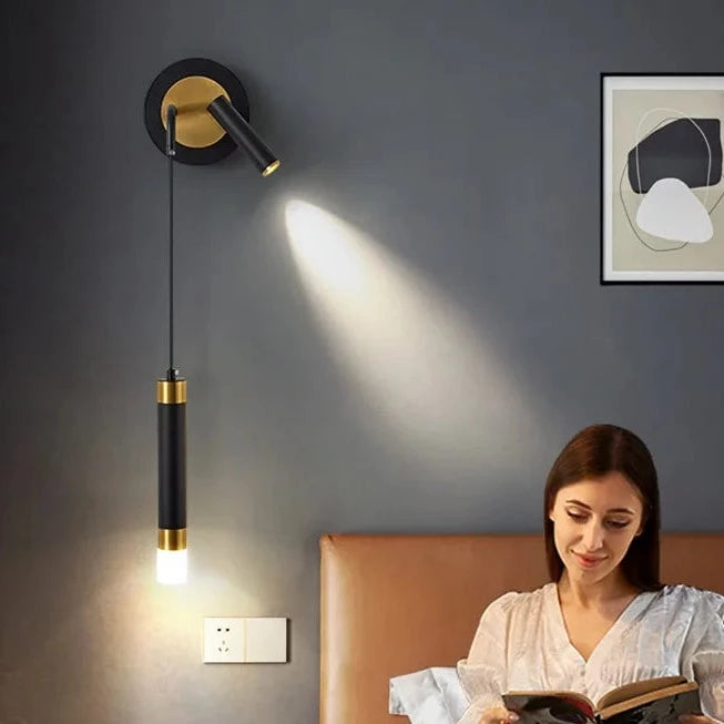 Black Right Bold Hanging Wall Lamp with Reading Light placed on wall bedroom