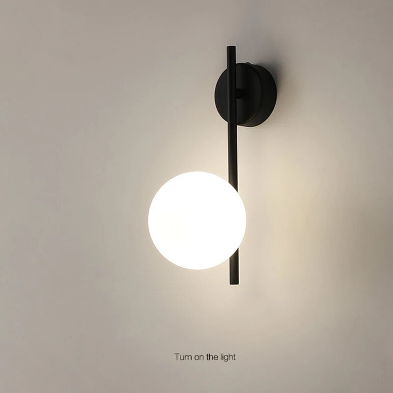 Turned-On White Glass Globe Black Wall Lamp for Bedroom, Bathroom, Dining Room, Kitchen, and Living Room