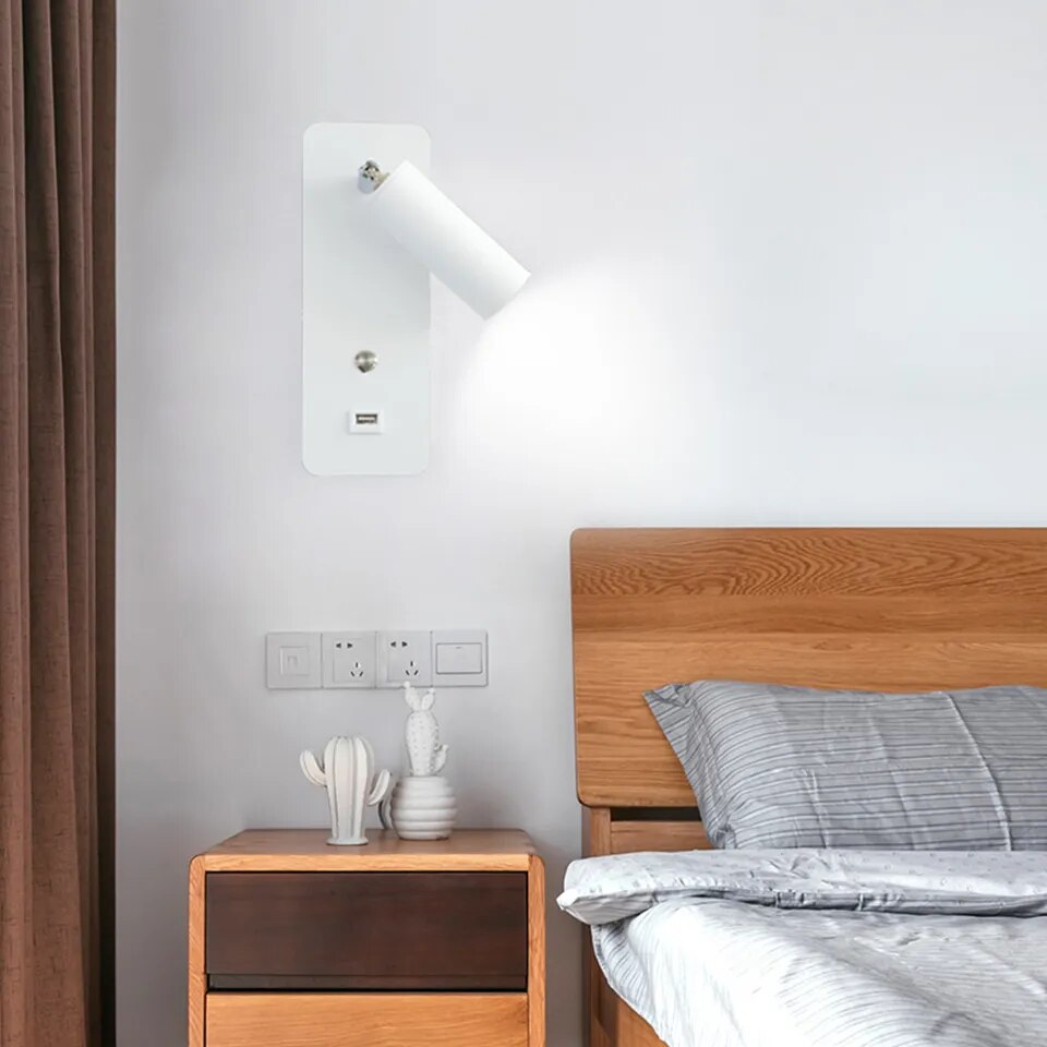 Light-on White Reading Wall Light with Switch and USB Charger for Bedroom