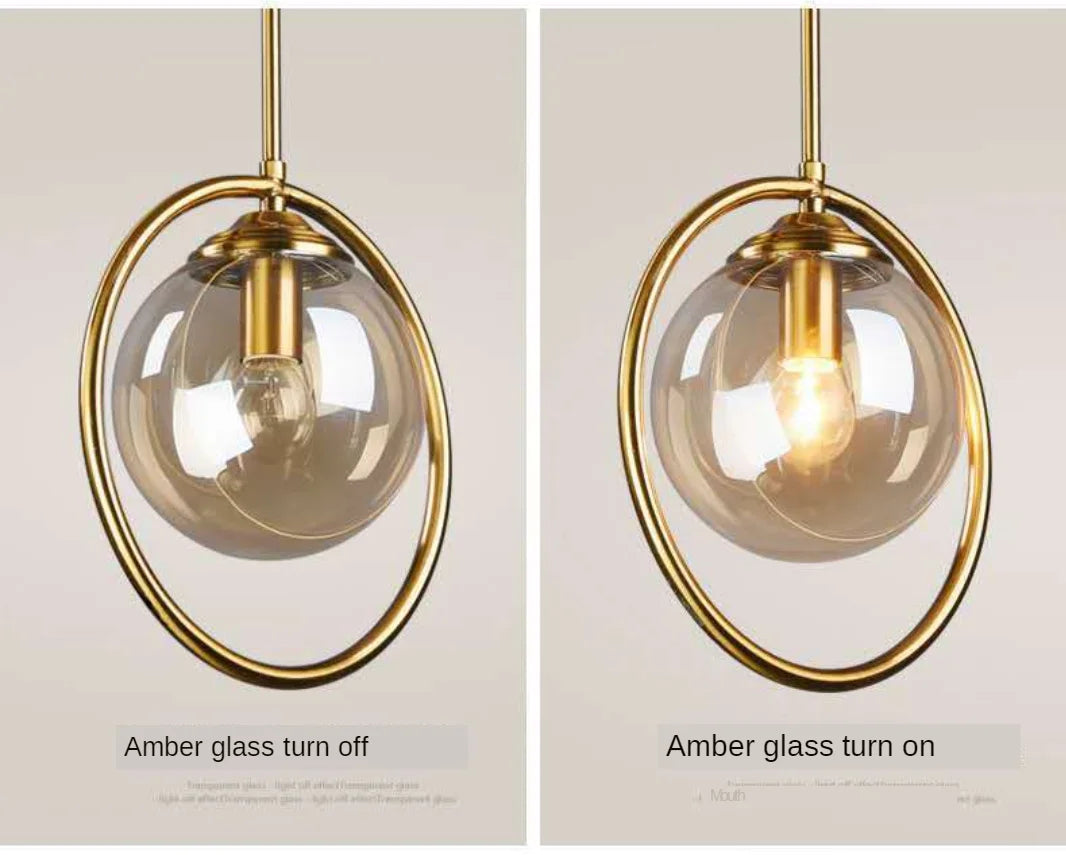 Turn-on and Turn-off State of Amber Glass Globe Sizzle Pendant Ceiling Light with Gold-ring for Bathroom, Bedroom, Dining Room, Hallway and Living Room