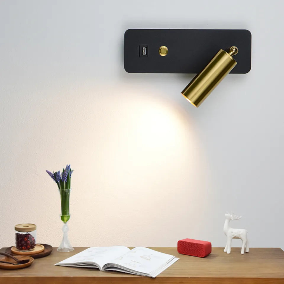 Light-on Golden Black Reading Wall Light with Switch and USB Charger focused on the study table for Bedroom