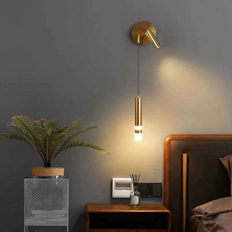 Golden Left Bold Hanging Wall Lamp with Reading Light place on wall bed room