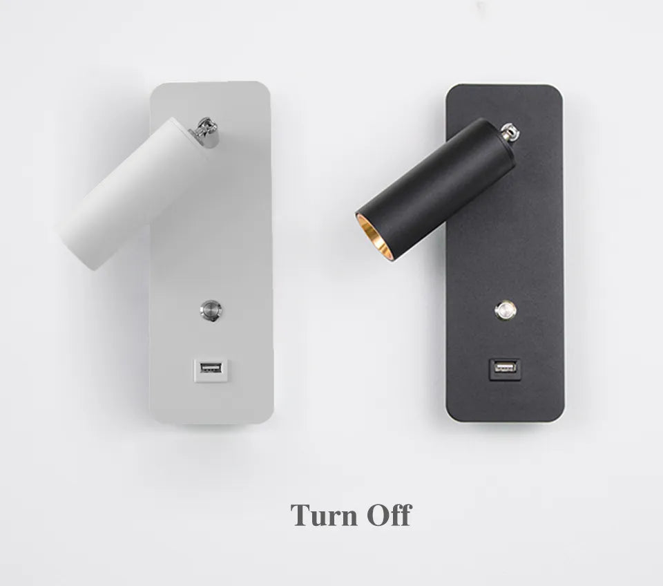 Turn Off State of White and Black Reading Wall Light with Switch and USB Charger for Bedroom