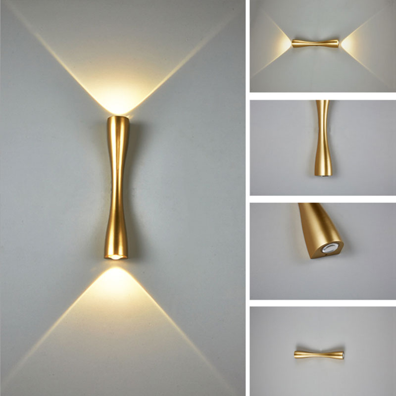 Golden Novu Minimalist Wall Lamp for Kitchen, Dining Room, Living Room, and Bedroom placed on plain gray wall pictured through all possible angles