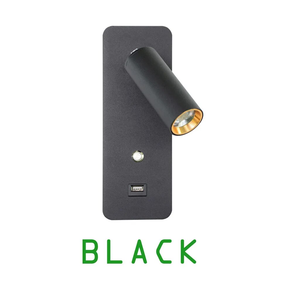 Close-up of Black Reading Wall Light with Switch and USB Charger for Bedroom