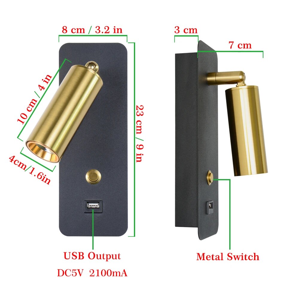 Dimension and Labelling of Gold and Black Reading Wall Light with Switch and USB Charger for Bedroom