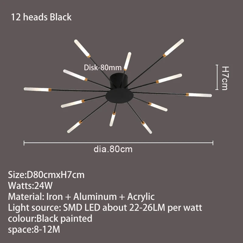 Diagram of a 12-head black Webster Flush Mount Chandelier with dimensions, material details, and light specifications