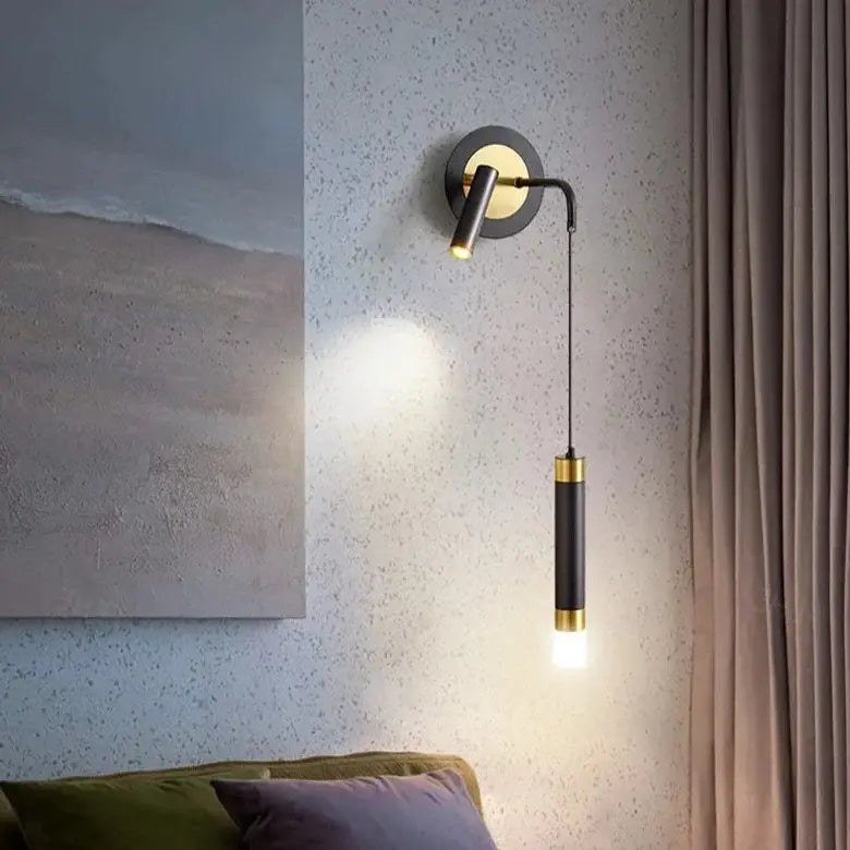 Light-on Black Left Bold Hanging Wall Lamp with Reading Light placed on wall bedroom