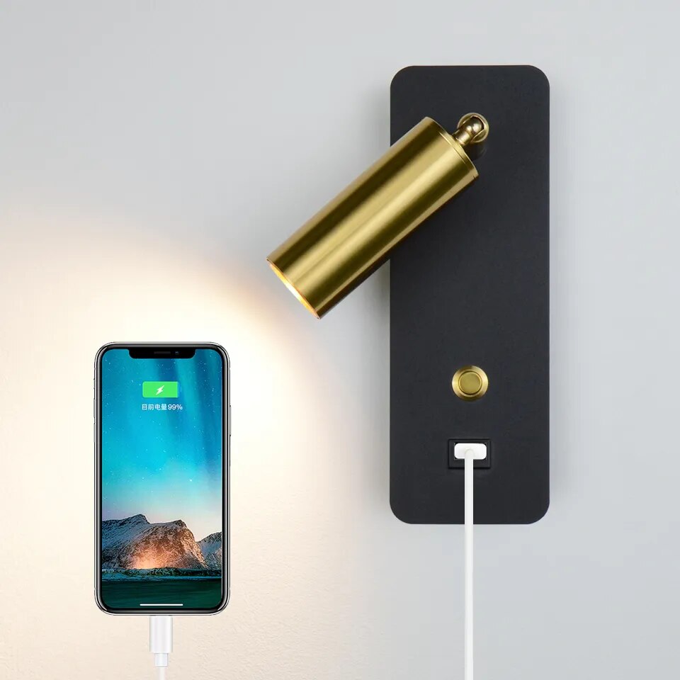 Light-on Golden Black Reading Wall Light with Switch and USB Charger charging a cellphone for Bedroom