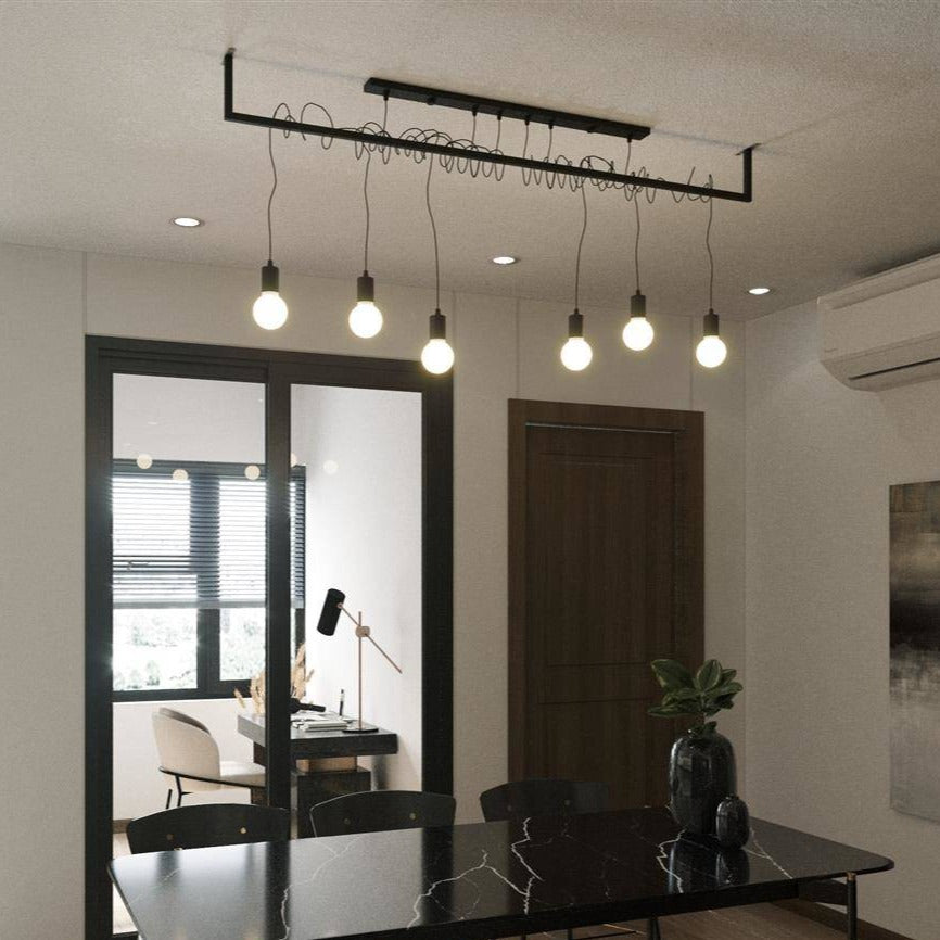 Light-on Industrial Wire Hanging Chandelier Black High Ceiling Light for Dining Room and Living Room placed above the dining table