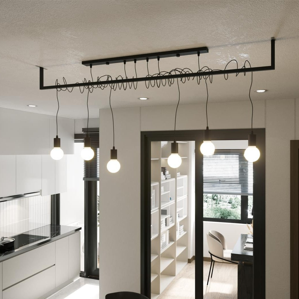 Light-on Industrial Wire Hanging Chandelier Black High Ceiling Light for Dining Room and Living Room