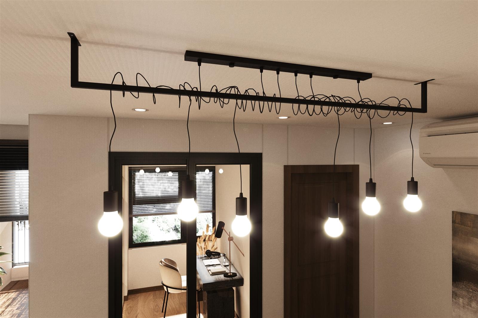 Close-up of Light-on Industrial Wire Hanging Chandelier Black High Ceiling Light for Dining Room and Living Room