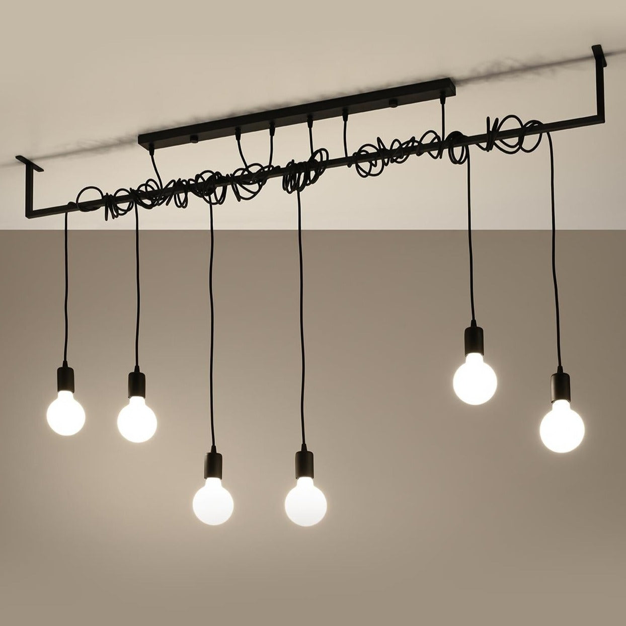 Close-up of Light-on Industrial Wire Hanging Chandelier Black High Ceiling Light for Dining Room and Living Room