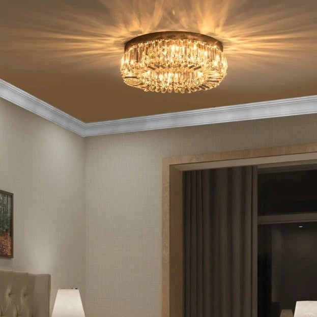 Crystal Gold Glass Flush Chandelier Low Ceiling Light for Dining Room, Hallway, and Living Room