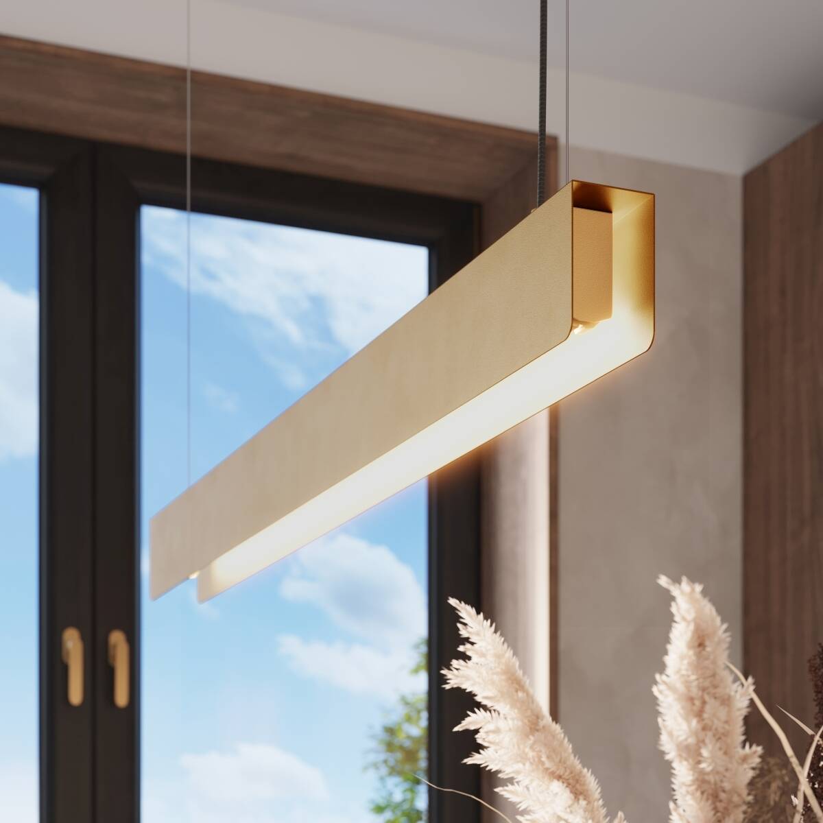 Light-on Stunning Gold Linear Pendant Chandelier High Ceiling Light for Living Room, Kitchen and Dining Room 