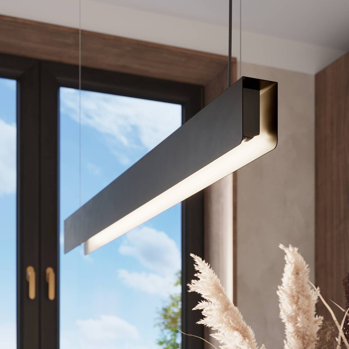 Sidewise view of Light-on Sleek Black Linear Pendant Chandelier High Ceiling Light for Kitchen, Dining and Living Room