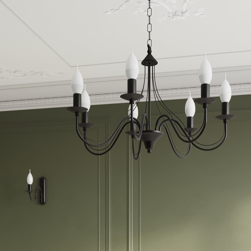 Close-up of White Maubati Chandelier Ceiling Light with Black Finish for Dining Room, Hallway, and Living Room