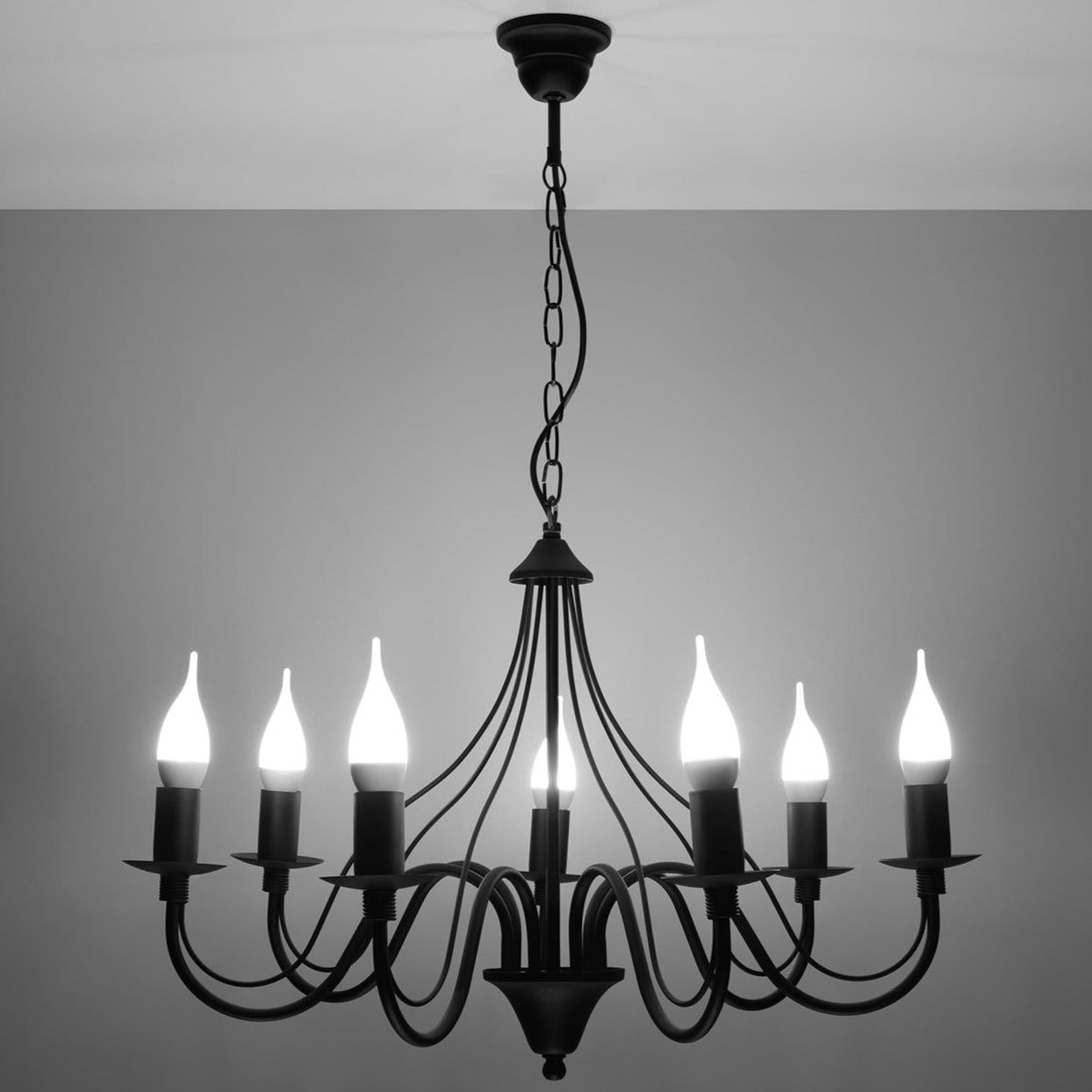 Light-on close-up of White Maubati Chandelier Ceiling Light with Black Finish for Dining Room, Hallway, and Living Room