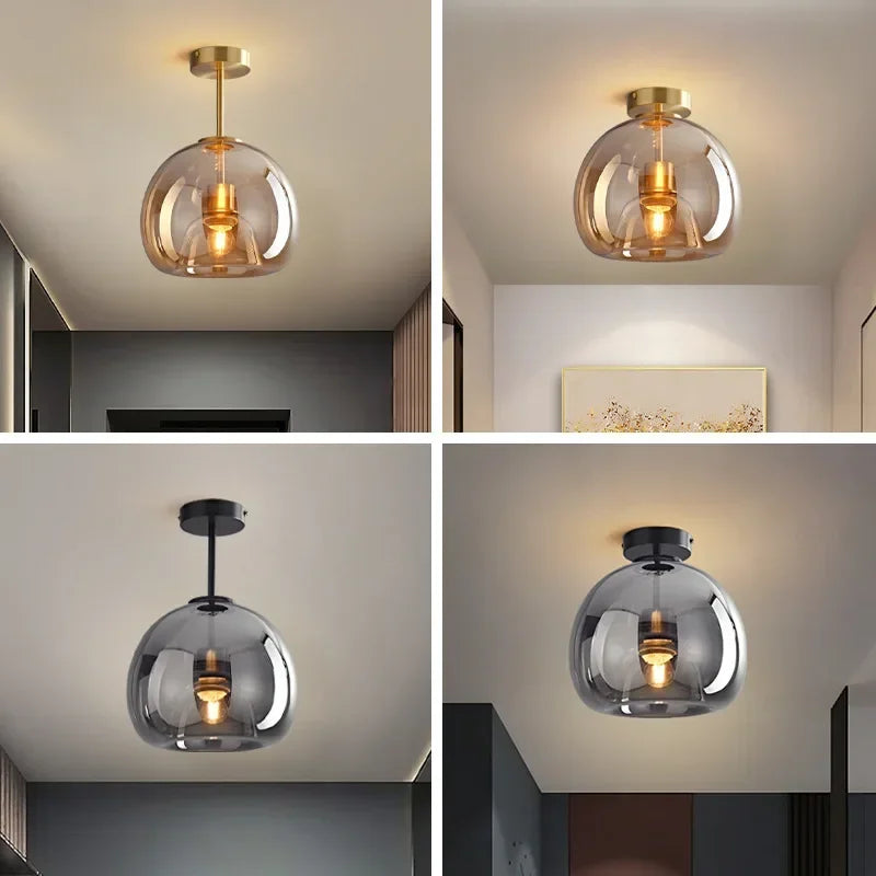 Gold and Black Globe Glass Dome Semi-Flush Low Ceiling Light for Dining Room, Hallway, Kitchen, and Living Room