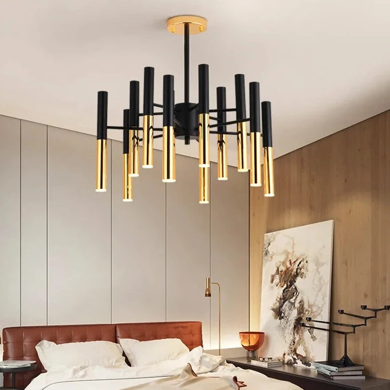 Golden Black Bengen LED Chandelier Ceiling Light placed above the Bed