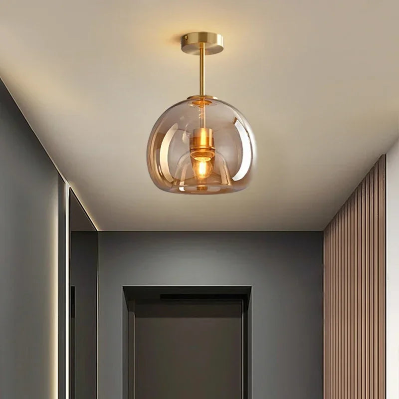 Light-on Gold Globe Glass Dome Semi-Flush Low Ceiling Light for Dining Room, Hallway, Kitchen, and Living Room