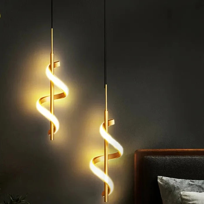 Close-up of Two Golden Twisted LED Pendant High Ceiling Light for Bathroom, Bedroom, Dining Room, Kitchen, and Living Room