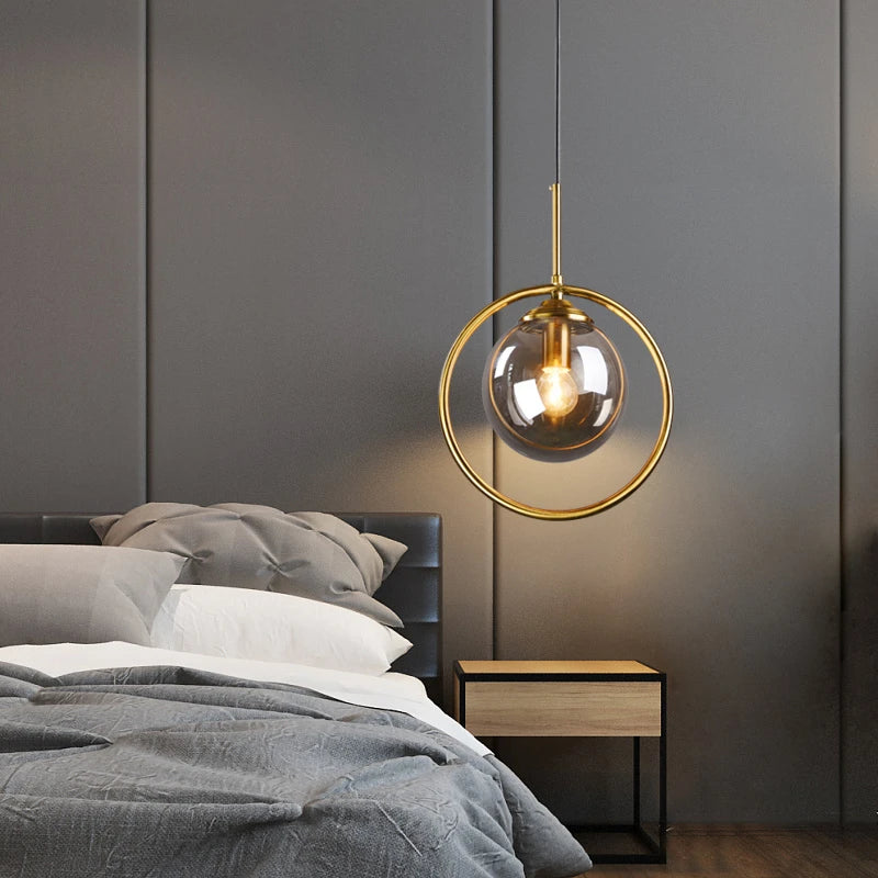 Light-on Smoked Glass Globe Sizzle Pendant Ceiling Light with Gold-ring for Bathroom, Bedroom, Dining Room, Hallway and Living Room