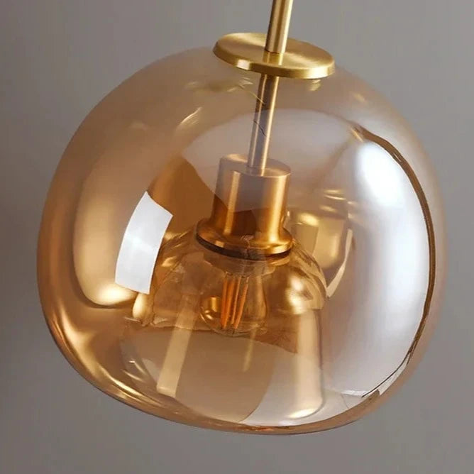 Close-up of Gold Globe Glass Dome Semi-Flush Low Ceiling Light for Dining Room, Hallway, Kitchen, and Living Room