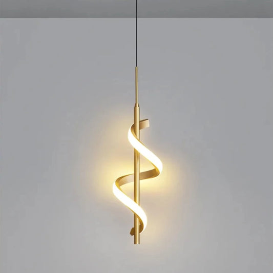 Close-up of Golden Twisted LED Pendant High Ceiling Light for Bathroom, Bedroom, Dining Room, Kitchen, and Living Room