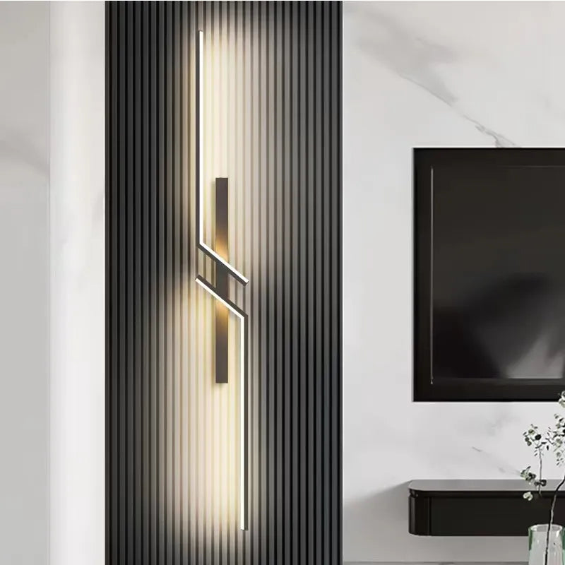 Close-up of Light-on Black-60cm Creative Strip Led Wall Lamp for Kitchen, Living Room and Bedroom placed on the stylish wall of living room