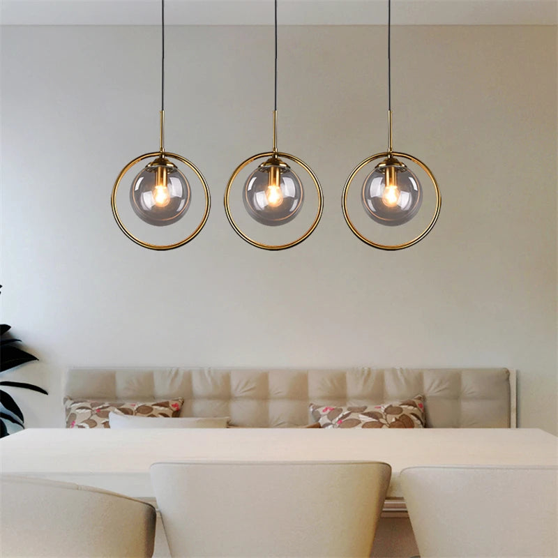 Set of 3 Light-on Smoked Glass Globe Sizzle Pendant Ceiling Light with gold-ring for dining room, hallway, kitchen, living room and bedroom