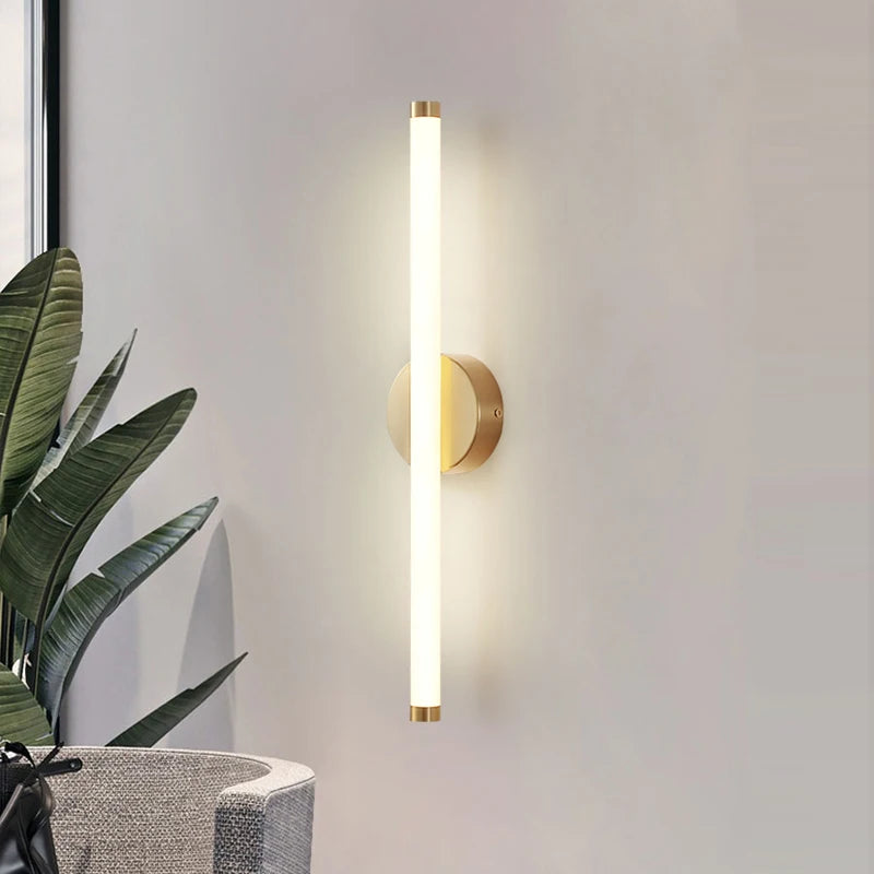 Close-up of Light-on Golden Wand Acrylic Wall Lighting Lamp for Bathroom, Bedroom, Dining Room, Kitchen and Living Room