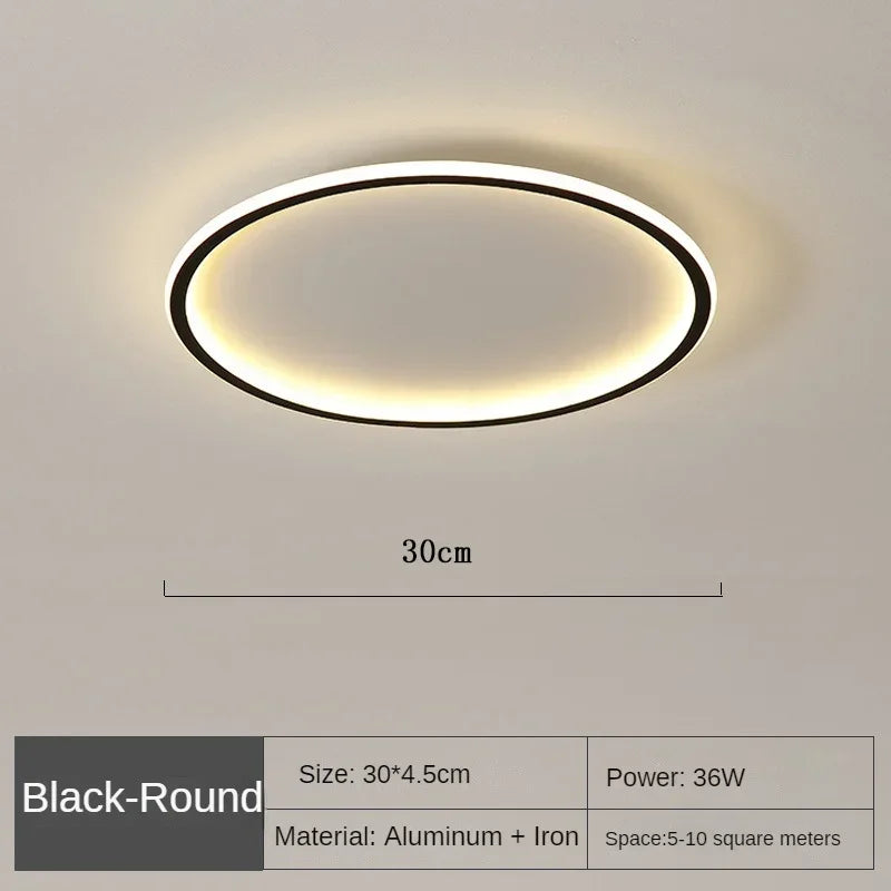 Close-up Light-on Black Ring Flush Mount LED Chandelier Ceiling Light Detail for Bathroom, Bedroom, Dining Room, Hallway, Kitchen, and Living Room