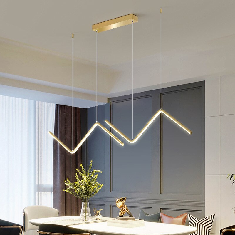 Zigzag LED Gold Pendant Ceiling Light placed above the sitting table