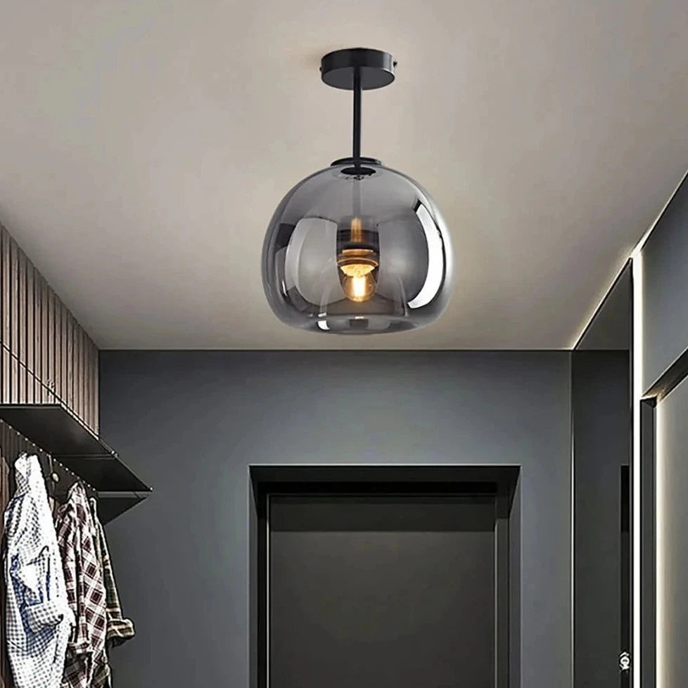 Light-on Black Globe Glass Dome Semi-Flush Low Ceiling Light for Dining Room, Hallway, Kitchen, and Living Room