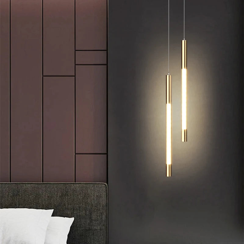 2 Heads Gold Pipe Pendant Lamp for bathroom, bedroom, ceiling, dining, hallway, kitchen and livingroom placed on bedroom