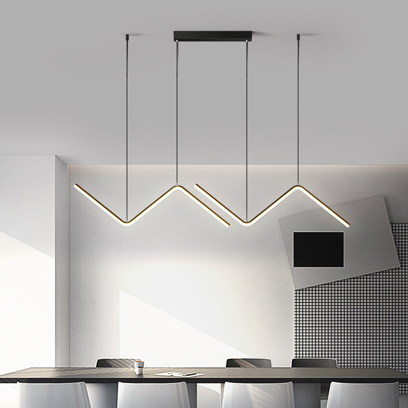 Black Zigzag LED Pendant Chandelier Ceiling Light for Kitchen, Living Room and Dining Room placed above the dining table