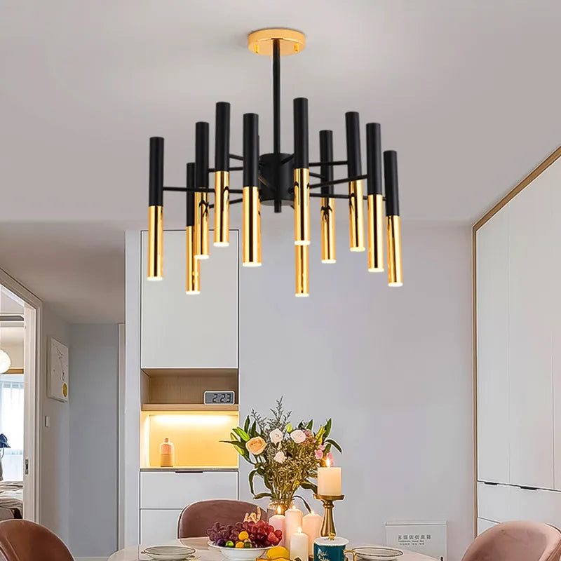 Golden Black Bengen LED Chandelier Ceiling Light placed above the dining table