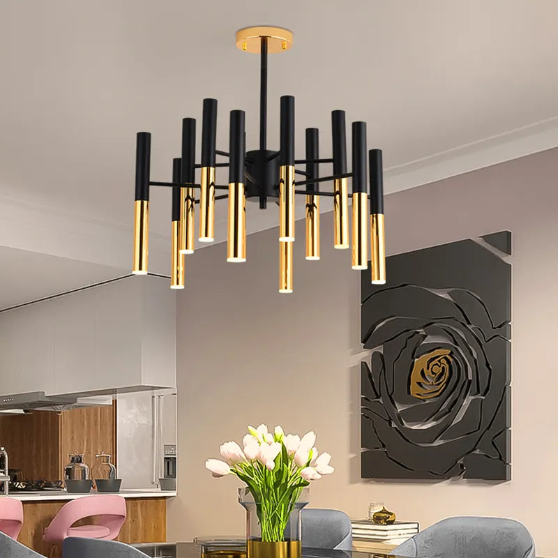 Golden Black Bengen LED Chandelier Ceiling Light placed above the sitting table