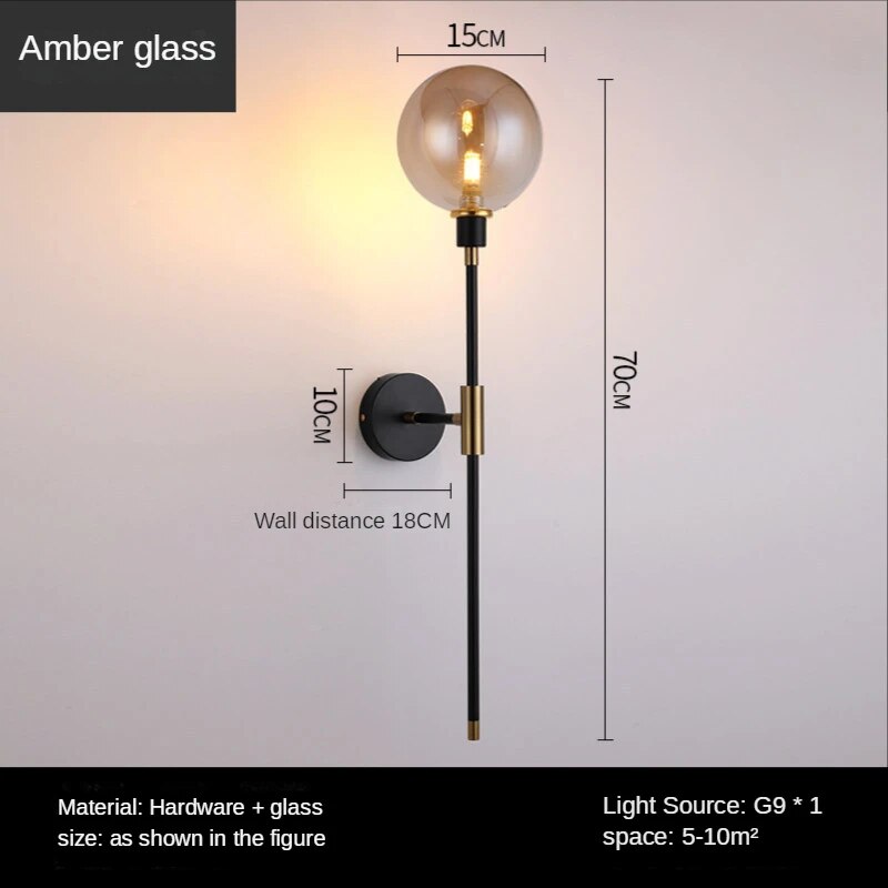 Measurement of Amber Glass Sizzle Wall Light with Black Finish for Bedroom, Dining Room, Kitchen, and Living Room