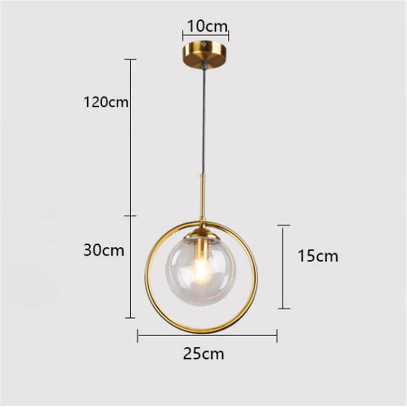 Dimension of Light-on Clear Glass Globe Sizzle Pendant Ceiling Light with gold-ring for dining room, hallway, kitchen, living room and bedroom